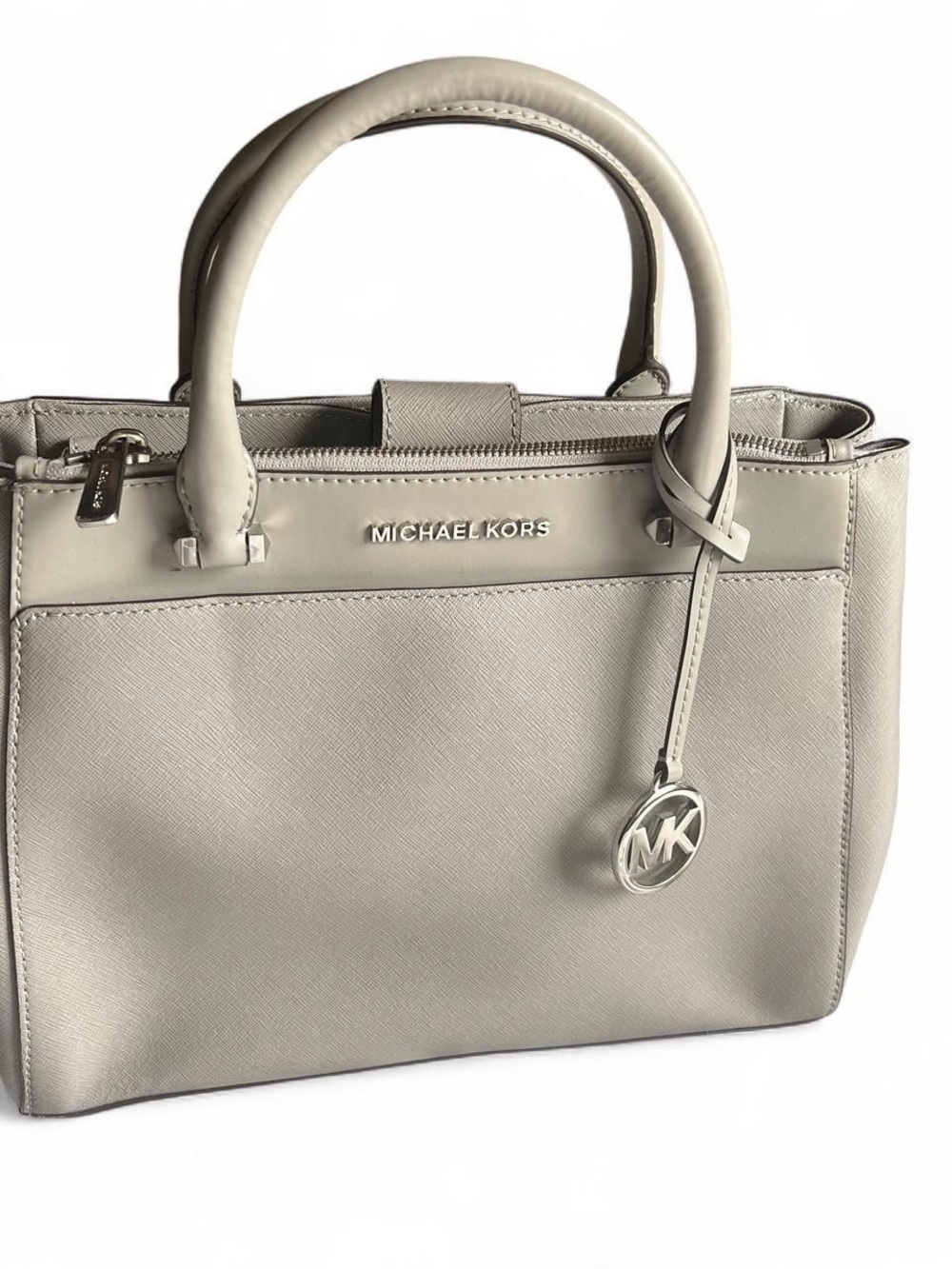 Michael Kors Light Grey Saffiano Leather Satchel with MK Charm